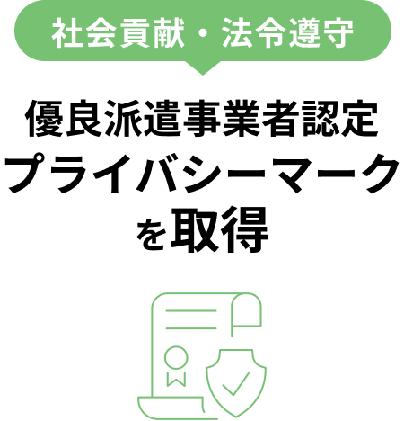 社会貢献・法令遵守 優良派遣事業者認定プライバシーマークを取得